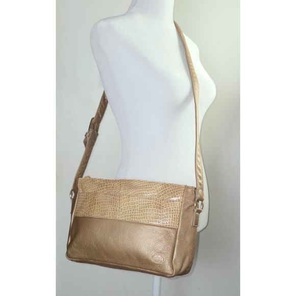 Vintage SAS Metallic Bronze Gold Crossbody Purse Handbag Croc Accents - Picture 1 of 7